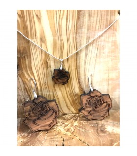 Conjunto Colgante y Pendientes Rosa - Madera de Olivo con Plata